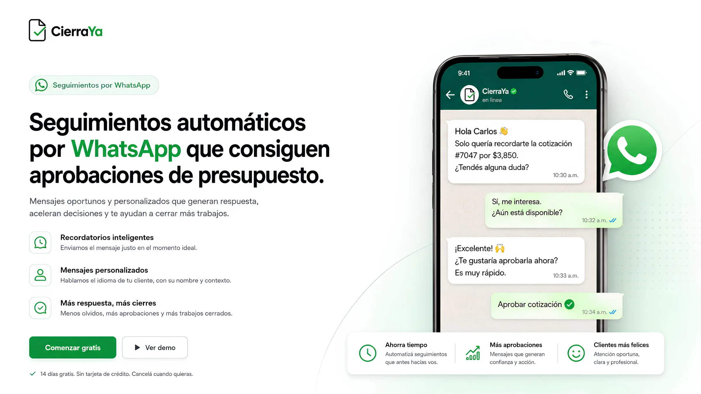 Seguimiento automático de presupuestos por WhatsApp con CierraYa